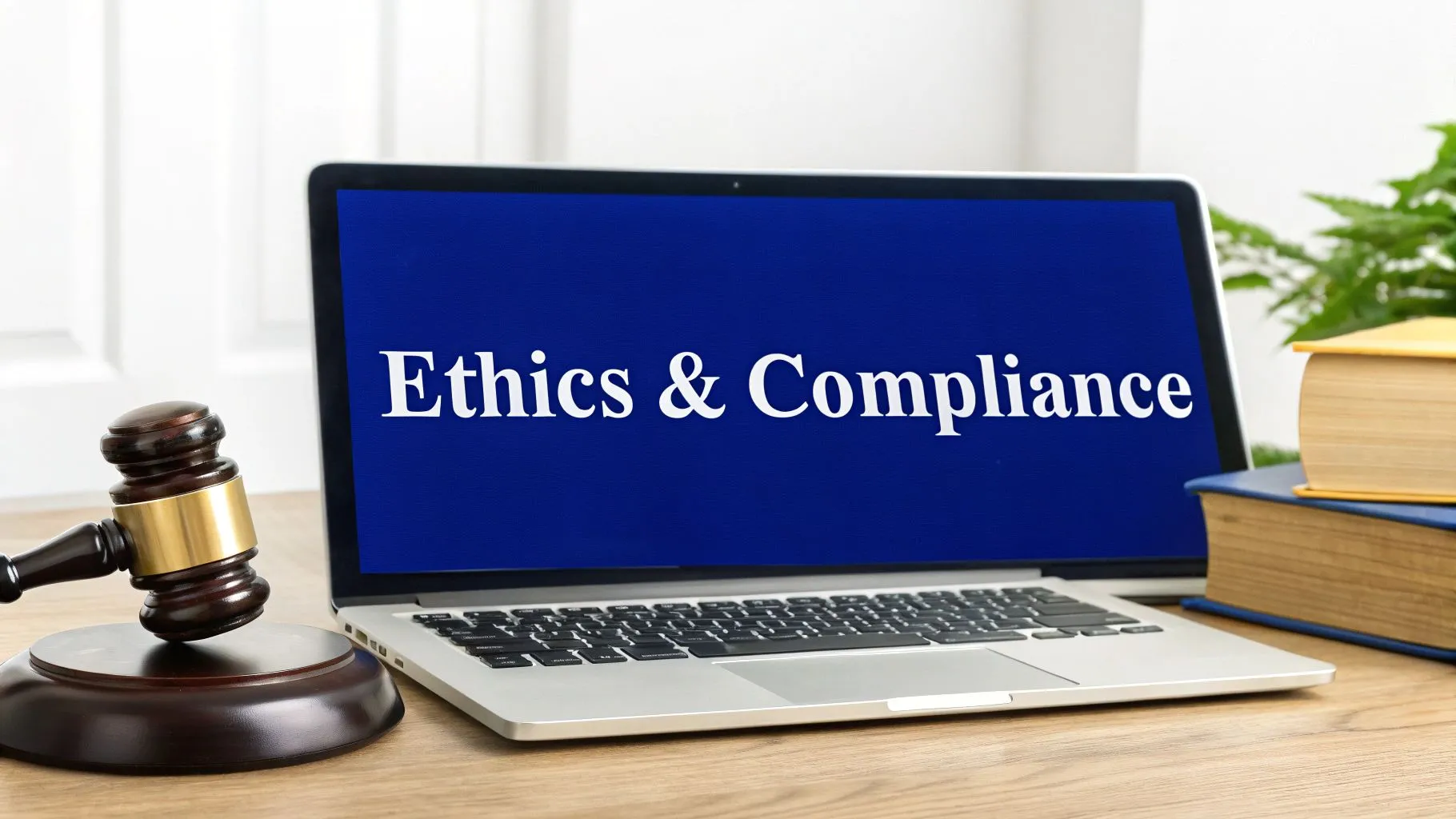 A Guide to Law Firm Marketing Social Media 3 A laptop displaying 'Ethics & Compliance' with a judge's gavel and law books.