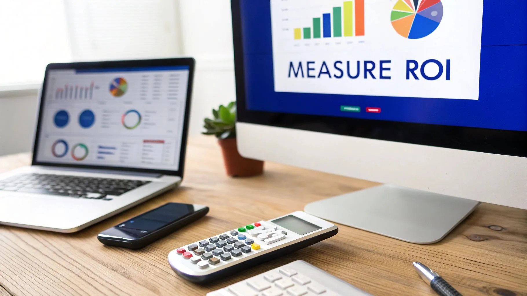 Winning the Airwaves with Attorney TV Advertising 3 A desk with a laptop showing charts and a monitor displaying 'MEASURE ROI' graphics.