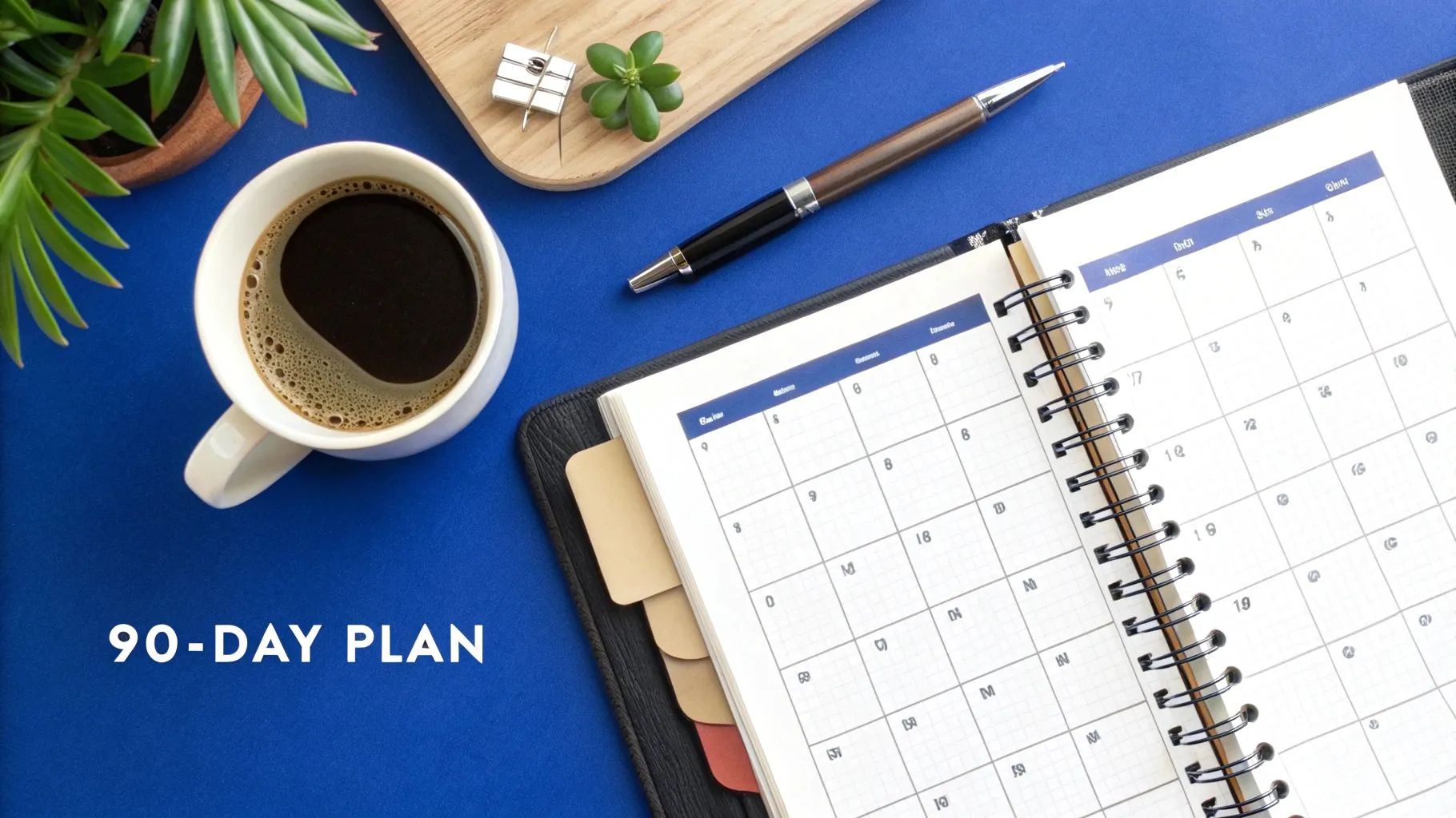 Law Firm Social Media: Ethical Growth for Your Practice - law firm social media 3 A flat lay of a planner, coffee, and desk items on a blue background, with '90-DAY PLAN' text.