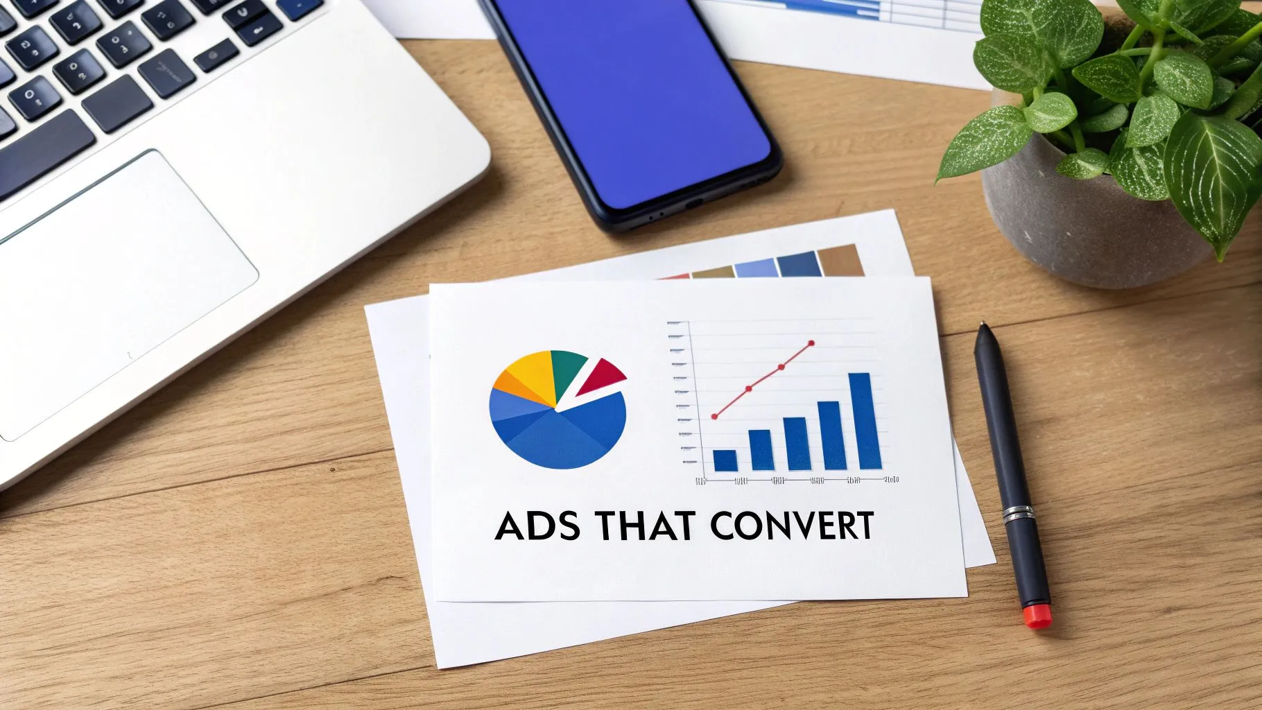 Law Firm Social Media: Ethical Growth for Your Practice - law firm social media 2 Desk flat lay with laptop, smartphone, plant, and papers showing charts and 'ADS THAT CONVERT'.