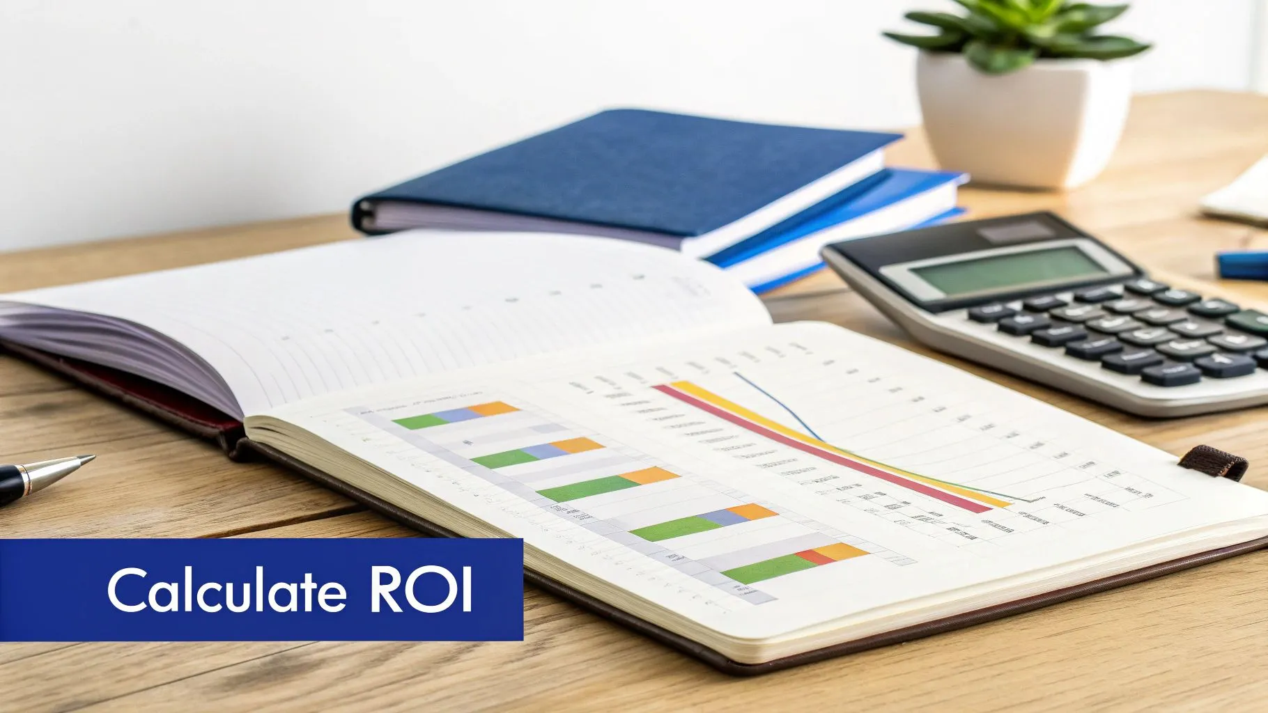 How to Calculate Marketing ROI: A Practical Guide for Law Firms 3 Notebook with financial charts, graphs, calculator and pen on a desk for ROI calculation.
