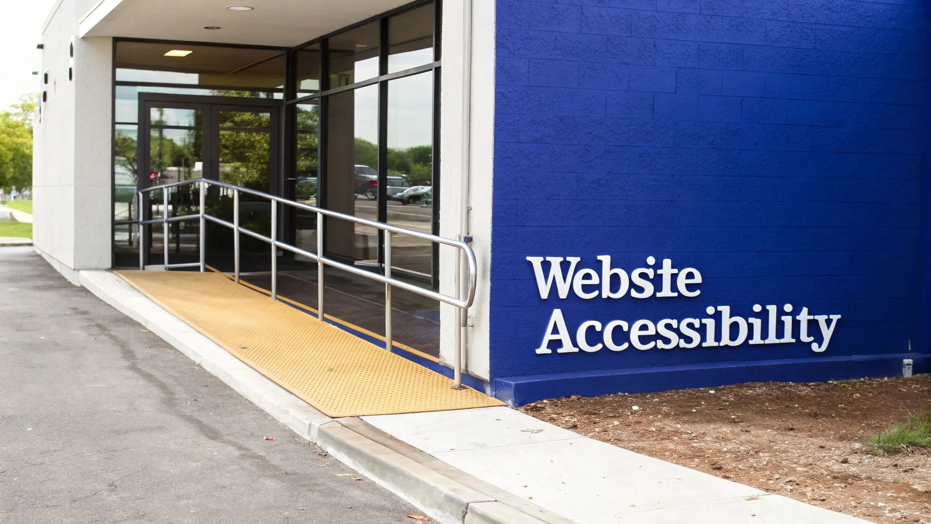 What is ada compliance for websites: Essential Tips for Your Law Firm 1 Building entrance with a yellow accessibility ramp and a blue wall stating 'Website Accessibility'.