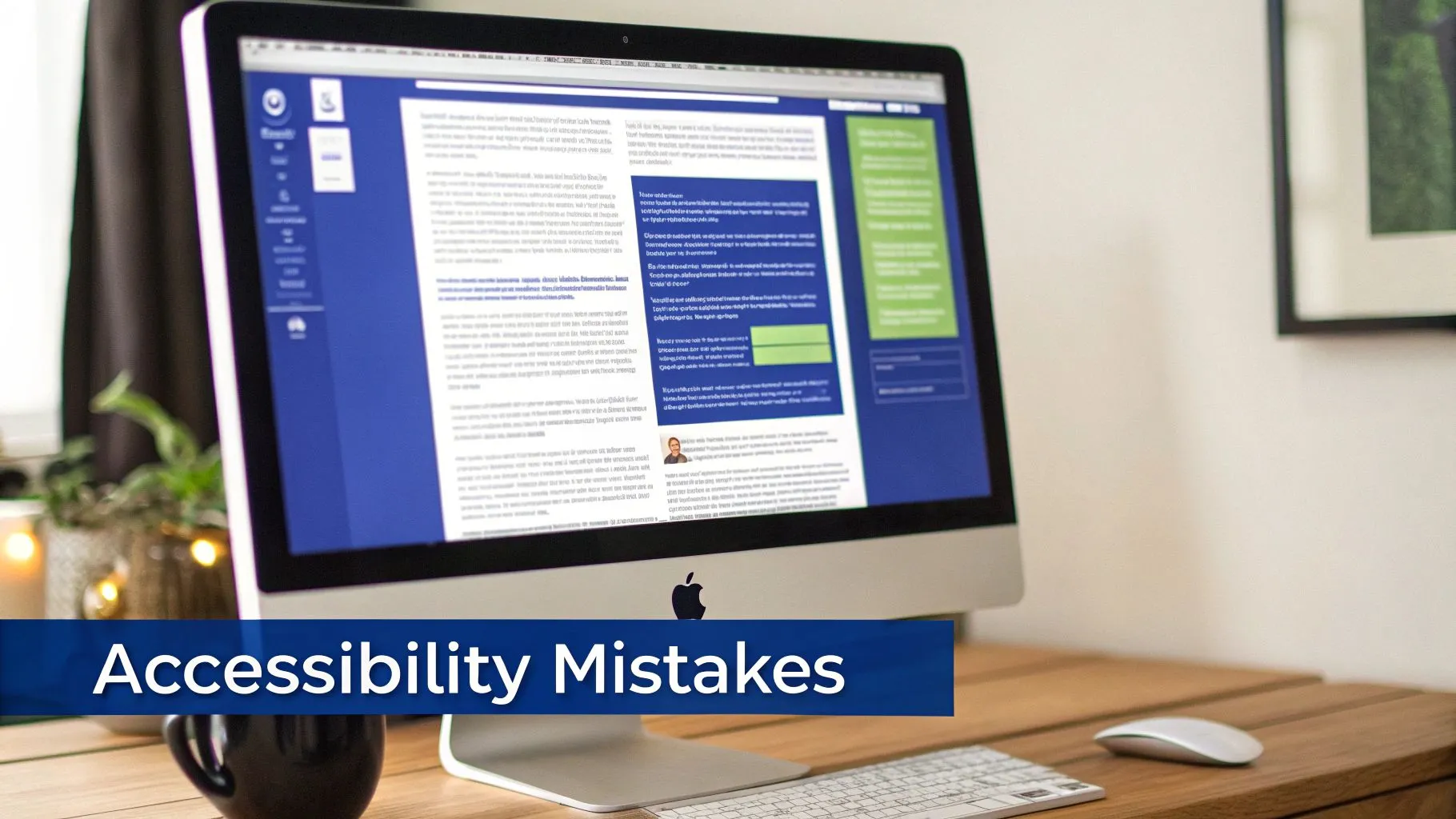 What is ada compliance for websites: Essential Tips for Your Law Firm 4 An Apple iMac on a wooden desk displays a webpage with a 'Accessibility Mistakes' banner.