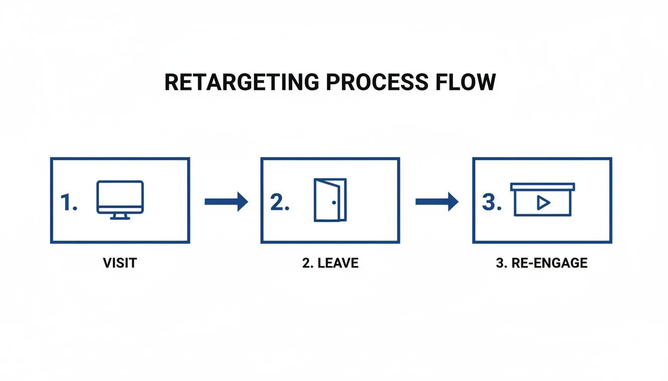 What Is Retargeting in Digital Marketing and How Can It Win Clients 1 A three-step retargeting process flow: 1. Visit, 2. Leave, 3. Re-engage with an ad.