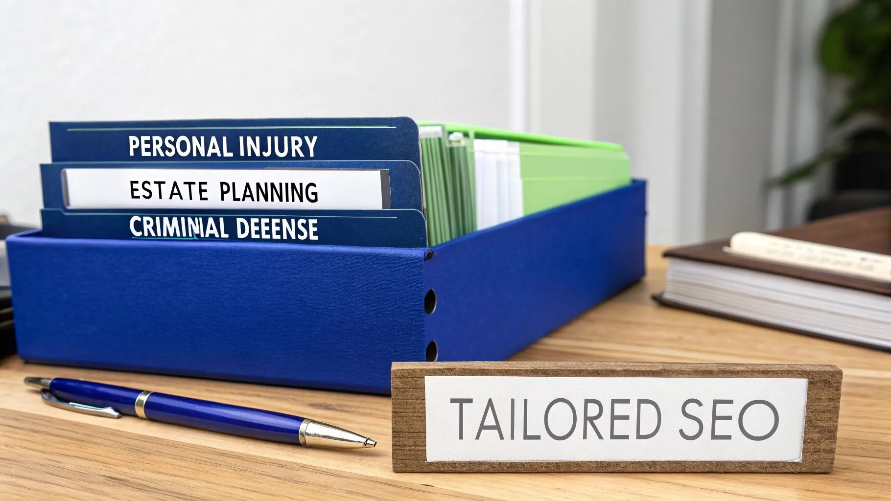 Local SEO Services for Law Firms A Client Acquisition Guide 2 Legal service folders (personal injury, estate planning, criminal defense) and a 'TAILORED SEO' sign on a wooden desk.