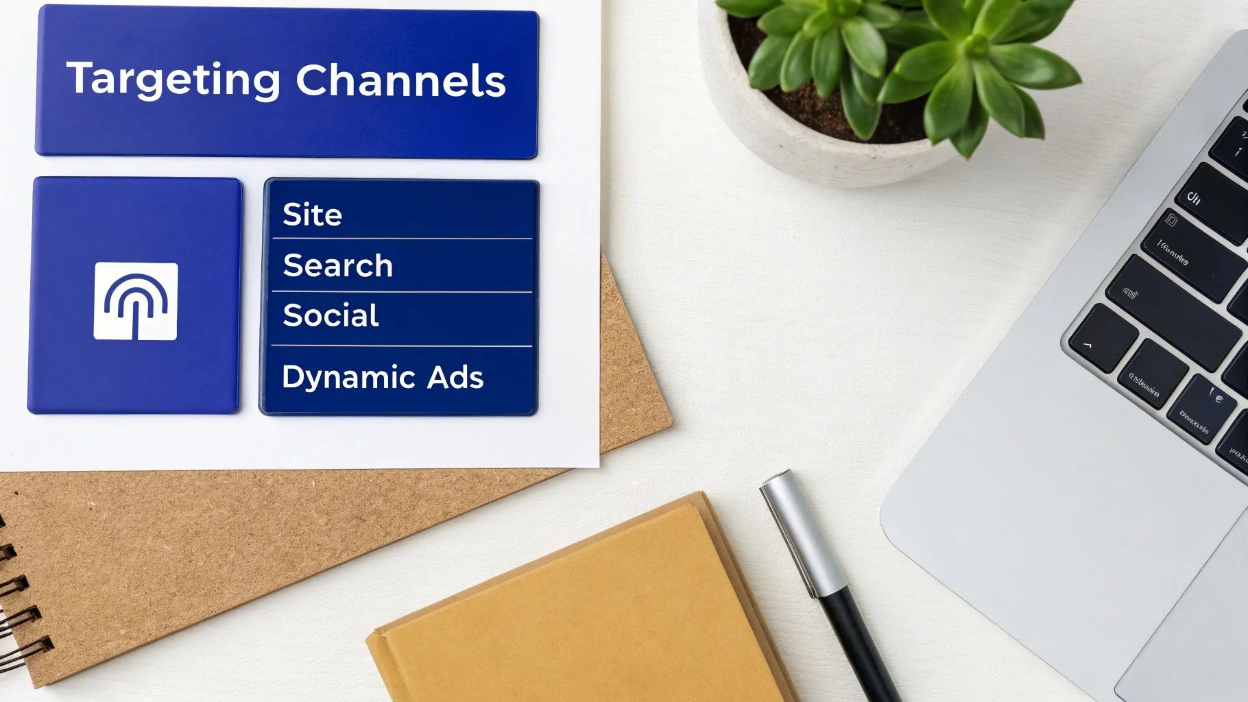 What Is Retargeting in Digital Marketing and How Can It Win Clients 2 A flat lay shows 'Targeting Channels' with 'Site, Search, Social, Dynamic Ads' on blue cards, alongside a laptop and plant.
