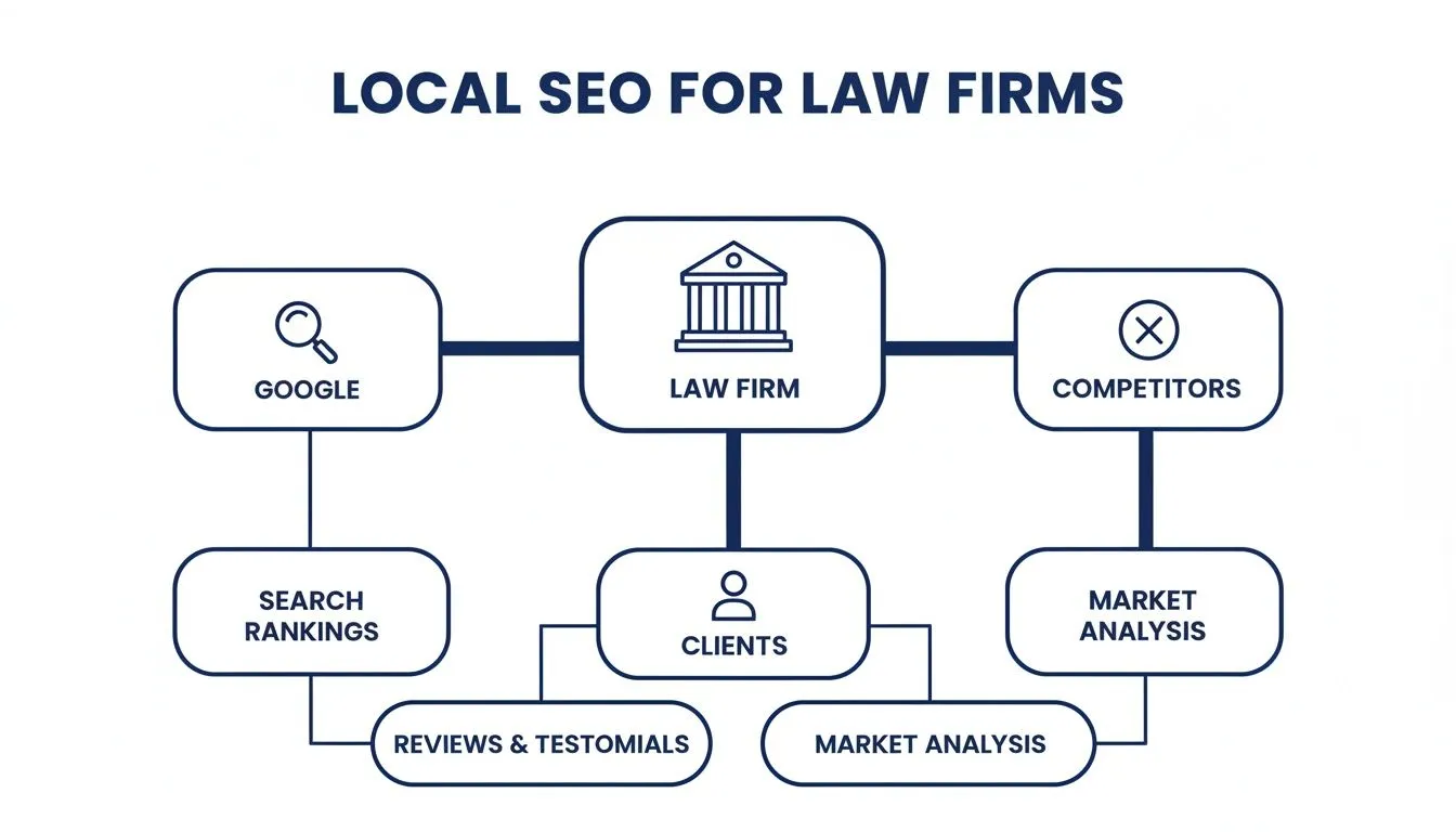 Local SEO Services for Law Firms A Client Acquisition Guide 1 Diagram illustrating local SEO for law firms, connecting Google, clients, competitors, and market analysis.