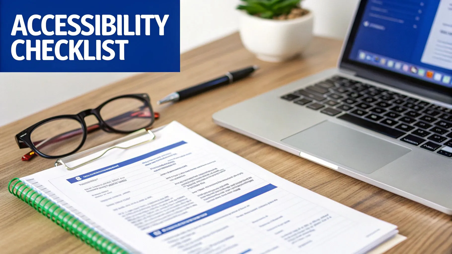 What is ada compliance for websites: Essential Tips for Your Law Firm 3 A desk setup featuring an 'Accessibility Checklist' document, glasses, a pen, and a laptop.
