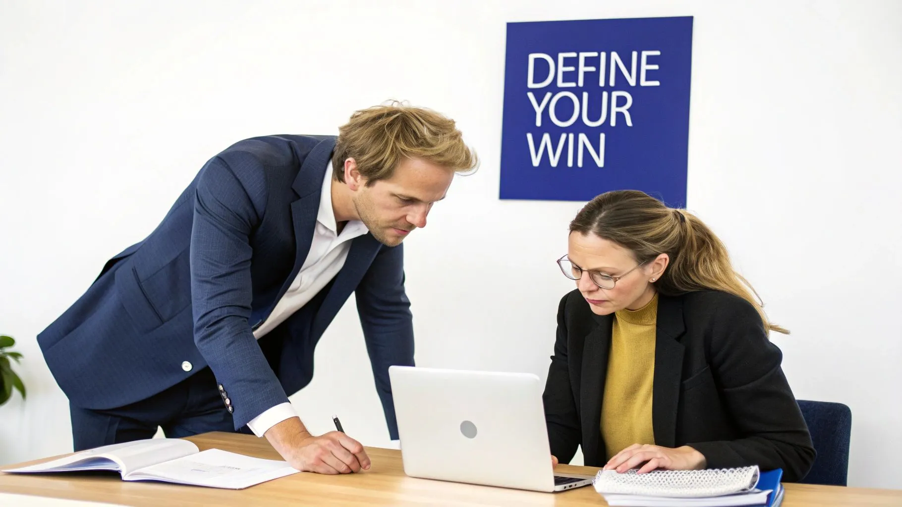 How to Calculate Marketing ROI: A Practical Guide for Law Firms 1 Two business professionals collaborate at a desk, reviewing a laptop and documents in an office.