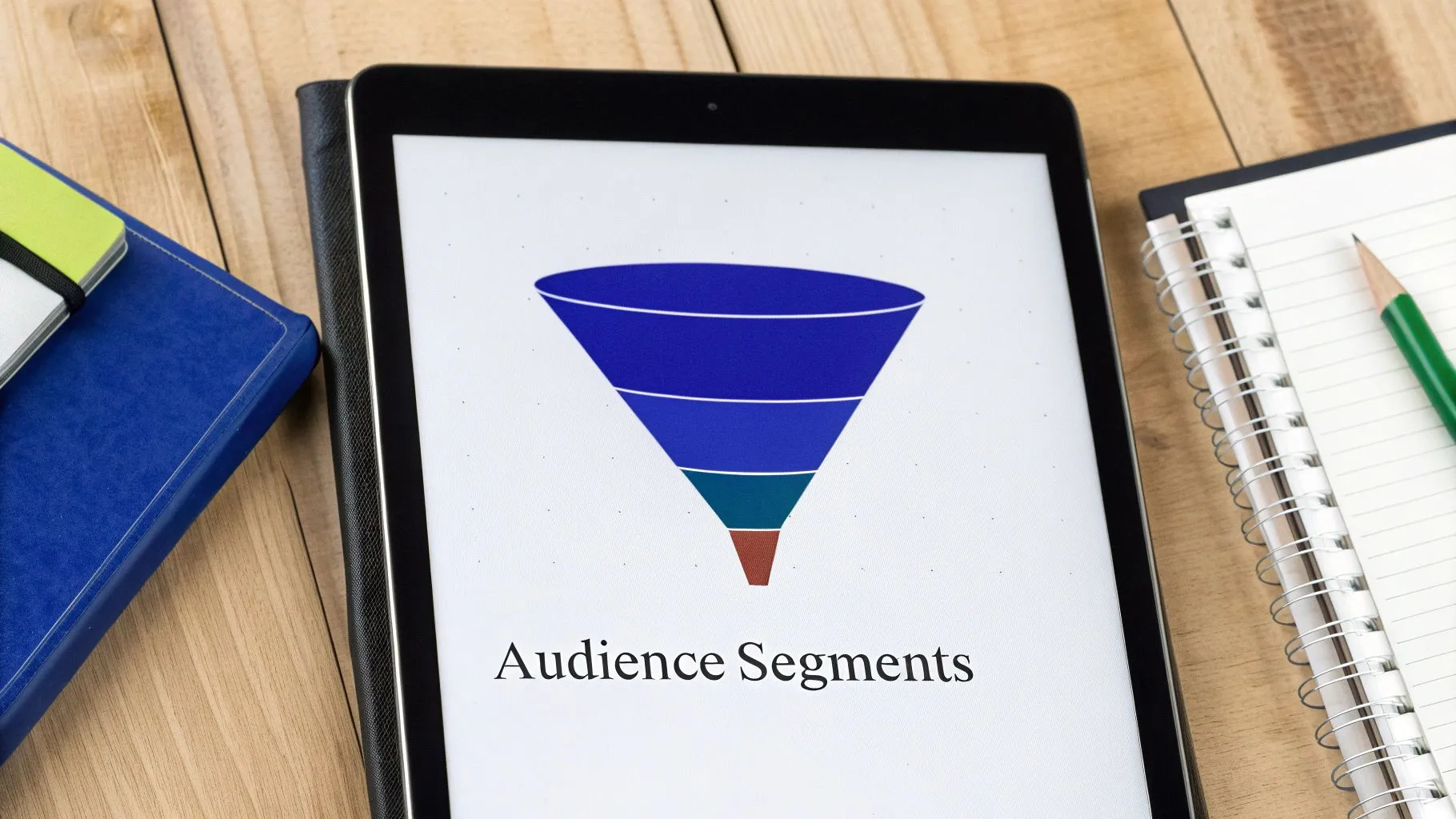What Is Retargeting in Digital Marketing and How Can It Win Clients 3 A tablet displays an 'Audience Segments' sales funnel graphic, alongside notebooks and a pencil on a wooden desk.