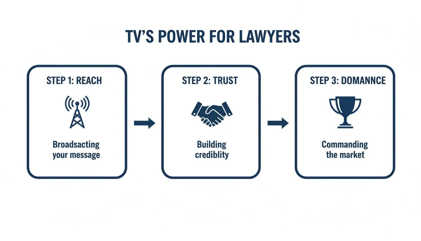 Winning the Airwaves with Attorney TV Advertising 1 A three-step diagram illustrating TV's power for lawyers: Reach, Trust, and Market Dominance.