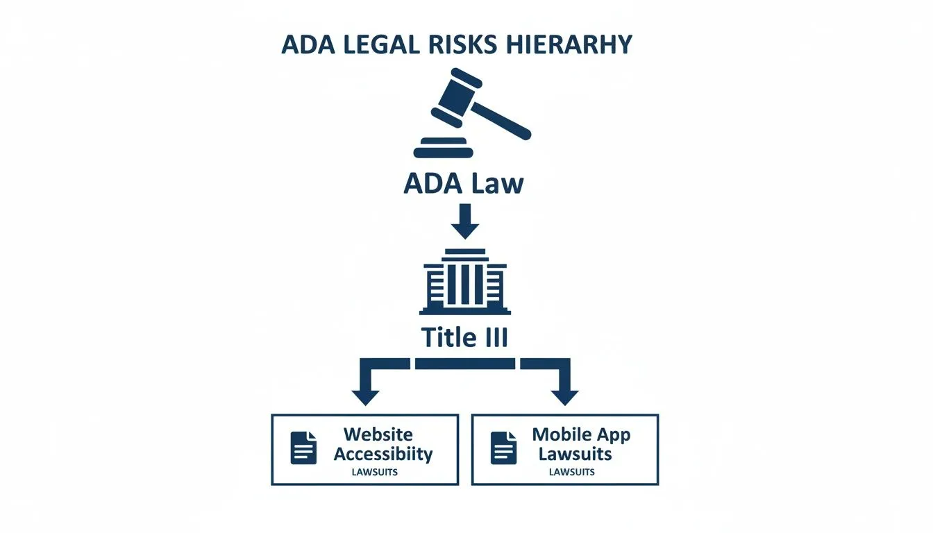 What is ada compliance for websites: Essential Tips for Your Law Firm 2 Hierarchy illustrating ADA legal risks, connecting ADA Law, Title III, website accessibility, and mobile app lawsuits.