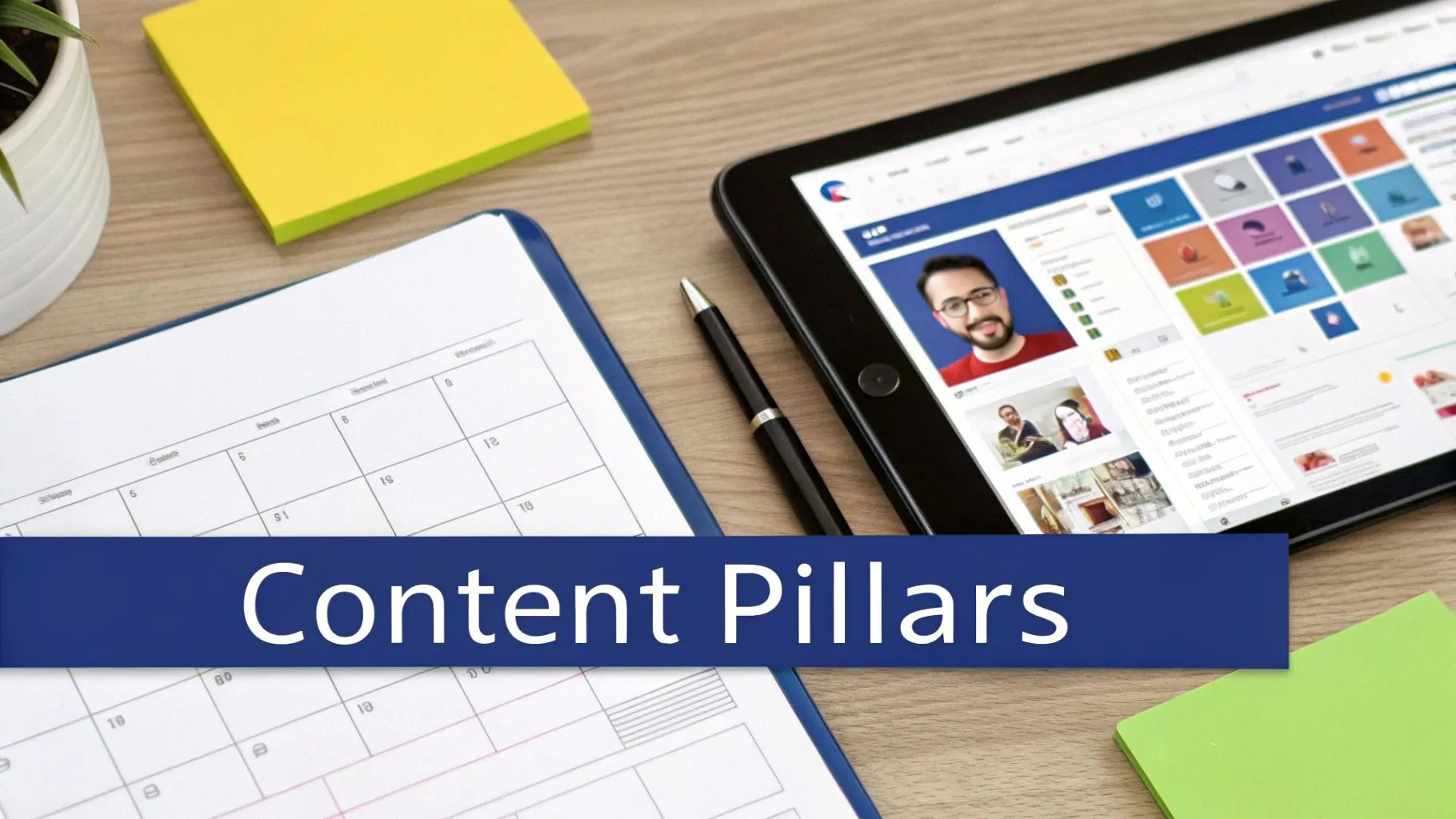 A Guide to Law Firm Marketing Social Media 2 A desk with a calendar, pen, and tablet showing a social media feed, with 'Content Pillars' text.