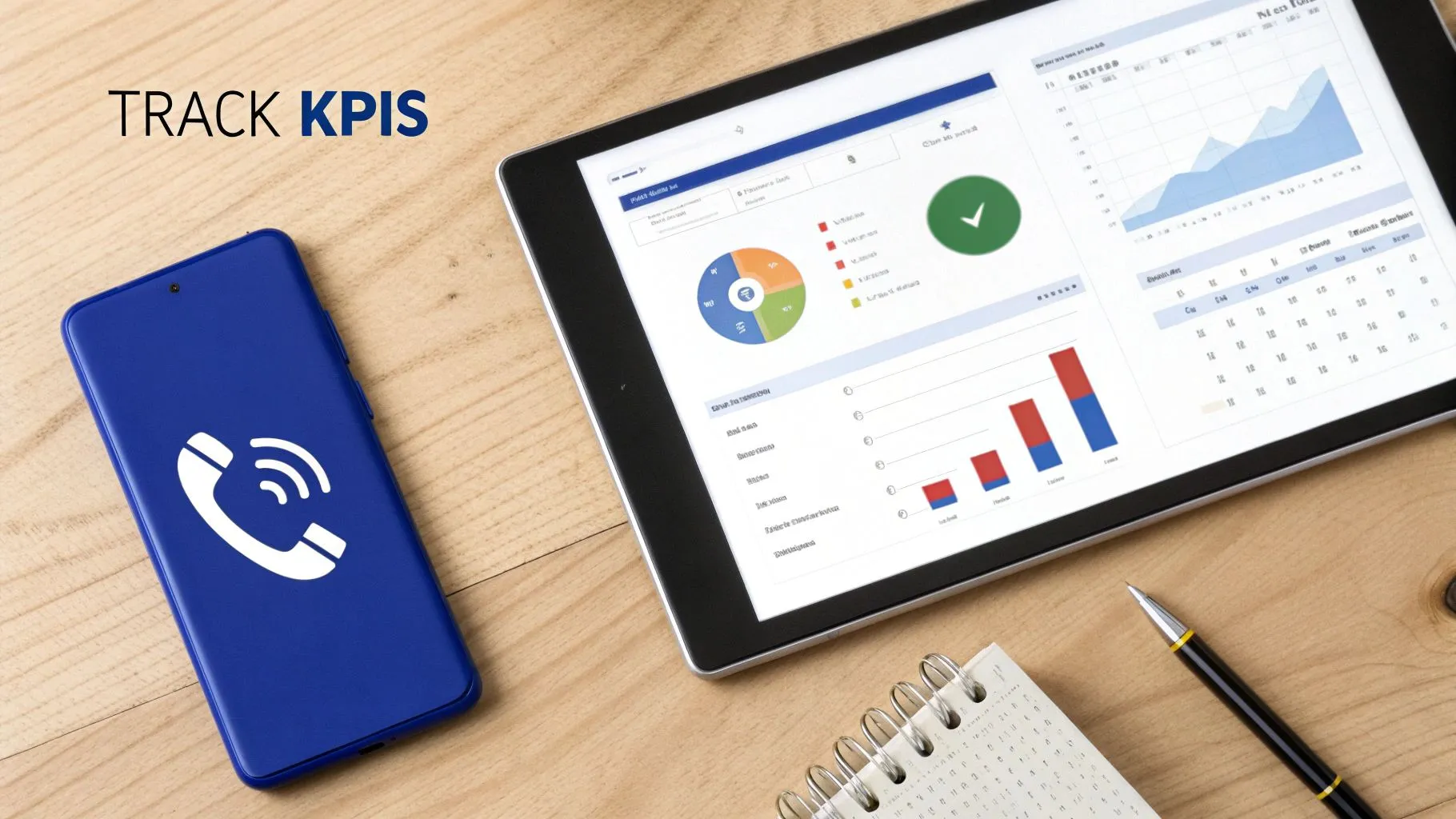 Local SEO Services for Law Firms A Client Acquisition Guide 3 A smartphone with a call icon, a tablet displaying KPI dashboards, and a notebook on a wooden desk.