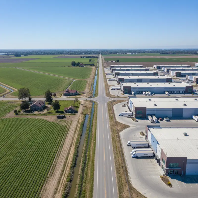 Fields next to warehouses for commercial pest control services