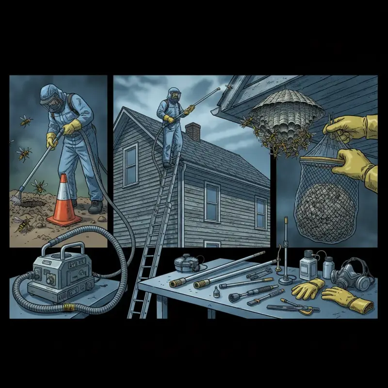 Different wasp and bee nest removal scenarios with equipment.