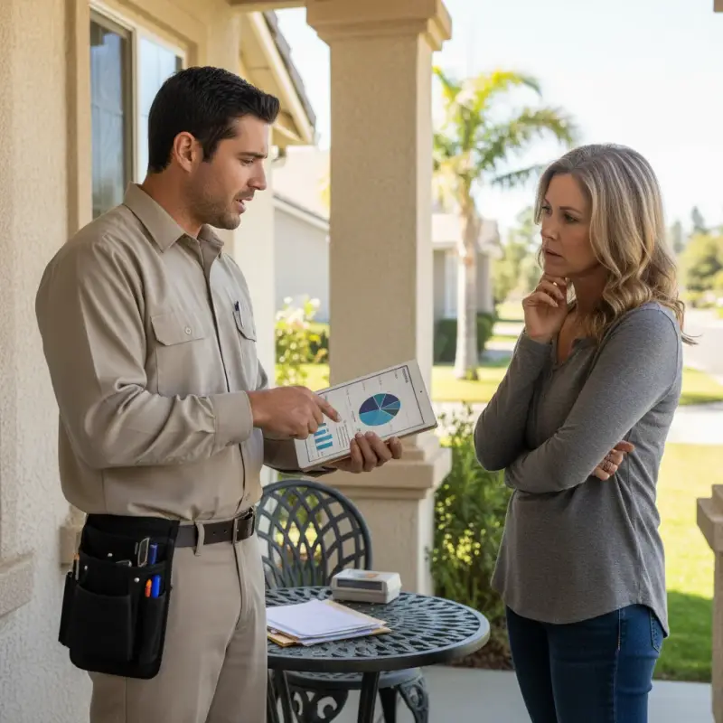 Inspector discussing inspection costs with a Tracy homeowner for a termite inspection Tracy CA service.