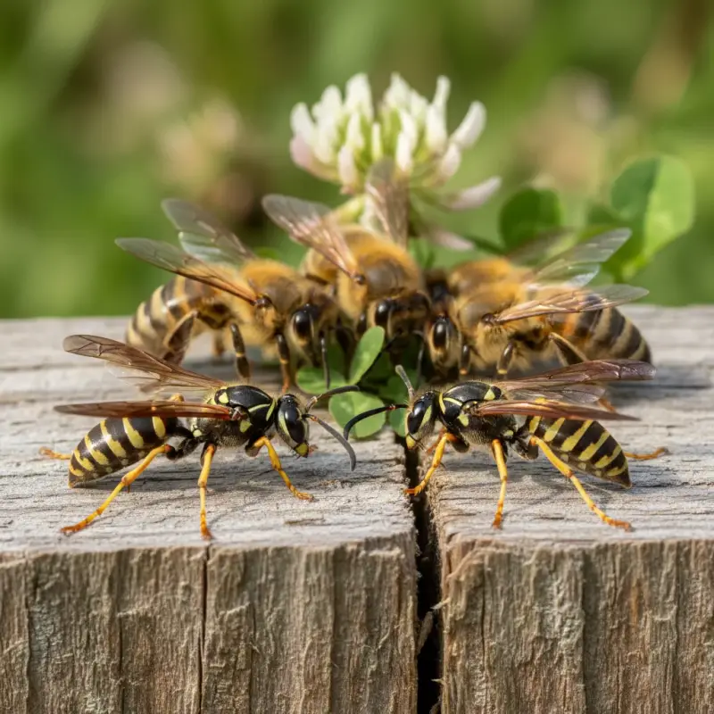 Paper wasps and honeybees close-up, showing body differences.
