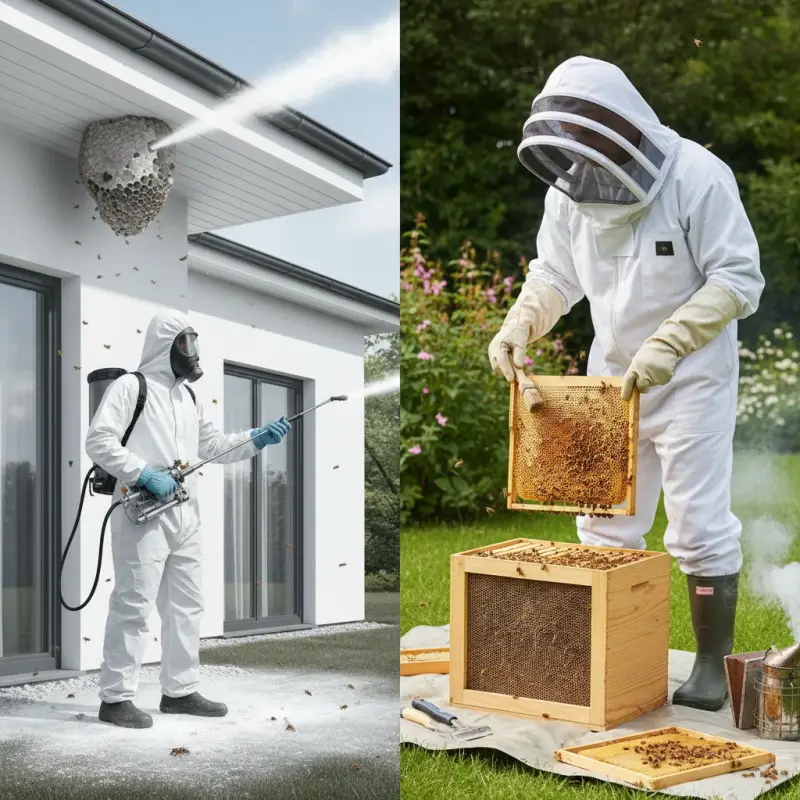 Wasp extermination and honeybee relocation process.