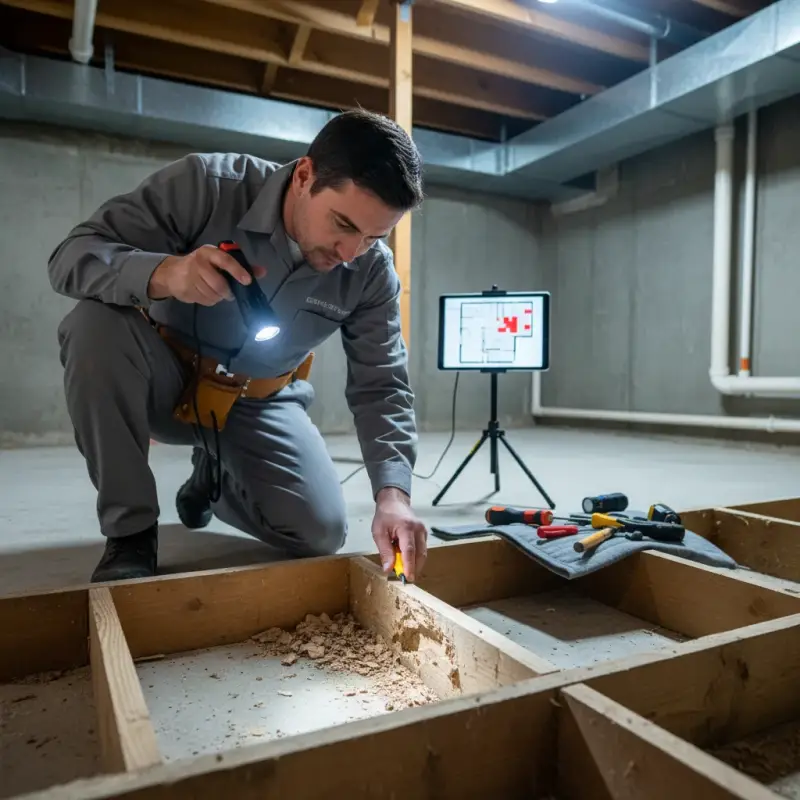 Inspector examining property areas in Tracy for termite damage.