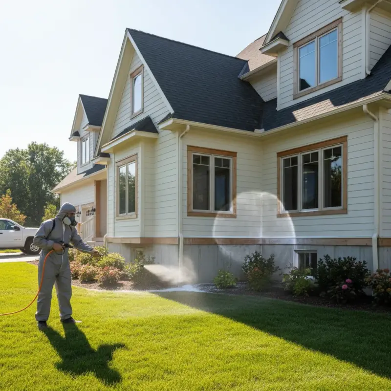 Exterminator applying chemical to home exterior, showing perimeter treatment.
