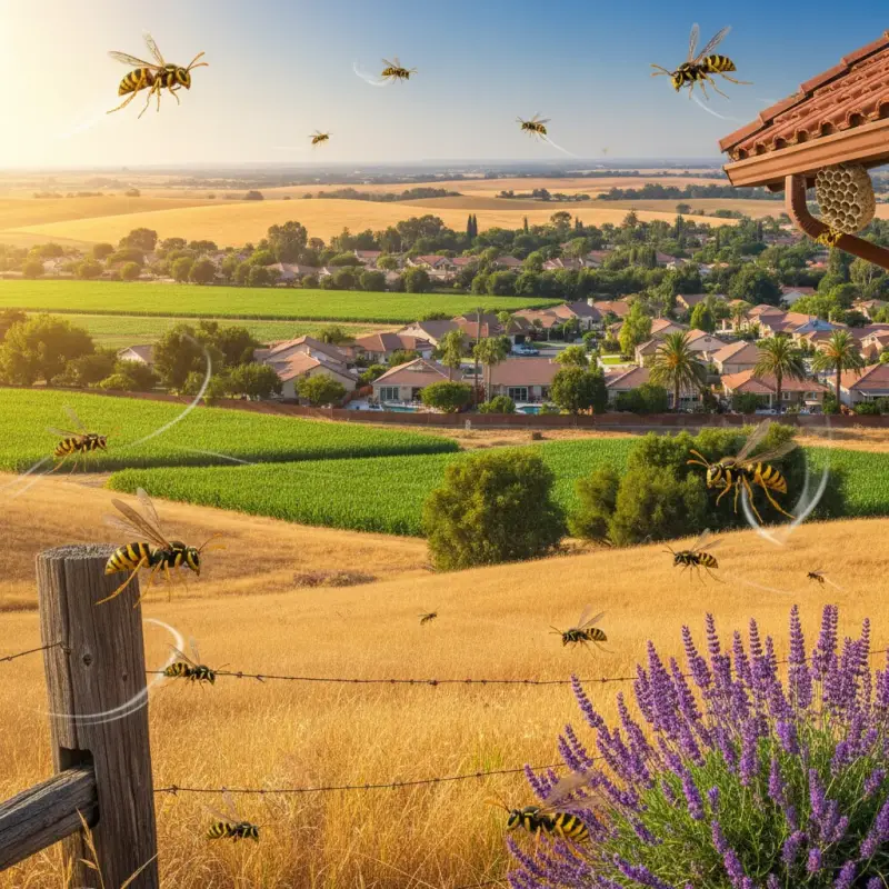 Wasps active around fields and homes in summer, Tracy, CA.
