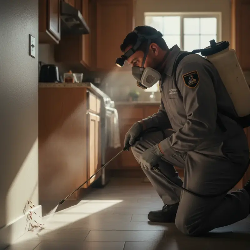 Exterminator applying pest treatment inside home with focus on insects.
