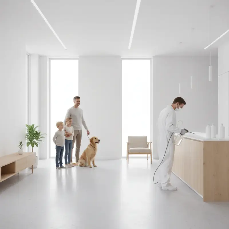 Family and pet watching exterminator use safe pest control products indoors.