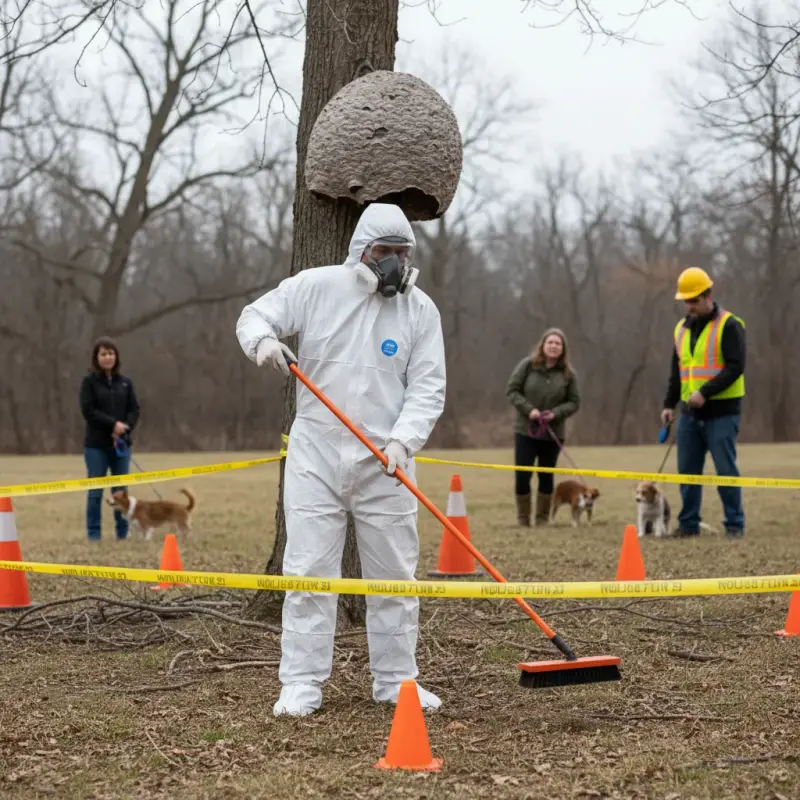 Exterminator establishing safety perimeter around nest site.