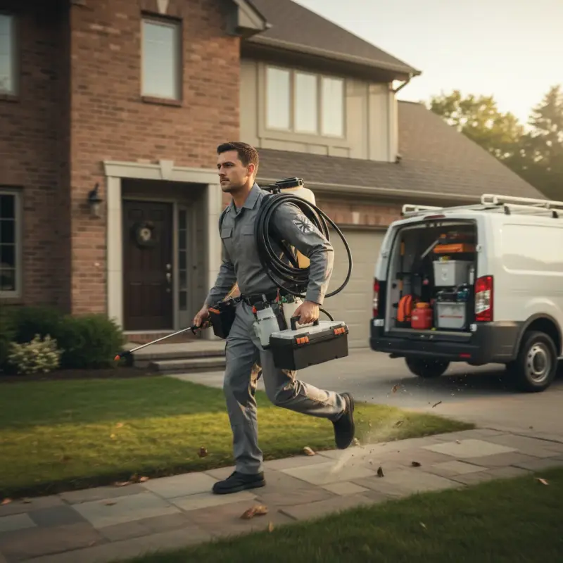 Exterminator arriving for same-day pest control service at a home.