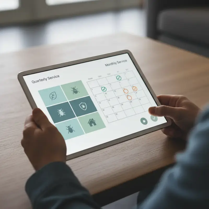 Person using tablet to schedule pest control service with calendar view.