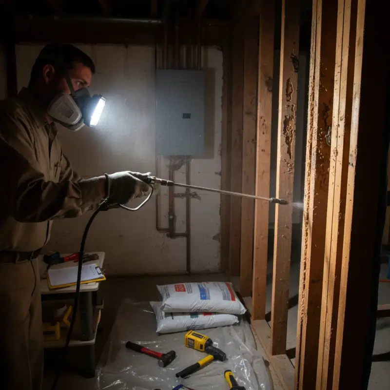 Inspector treating a home for termite infestations before VA loan approval.