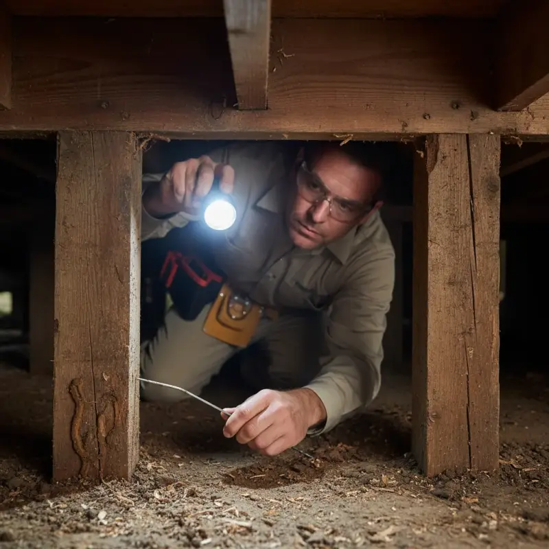 Pest inspector with flashlight examining wooden structure highlighting termite control Tracy CA service.
