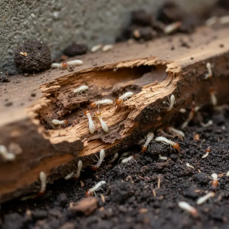 Subterranean termites on soil near wood beam in natural light.