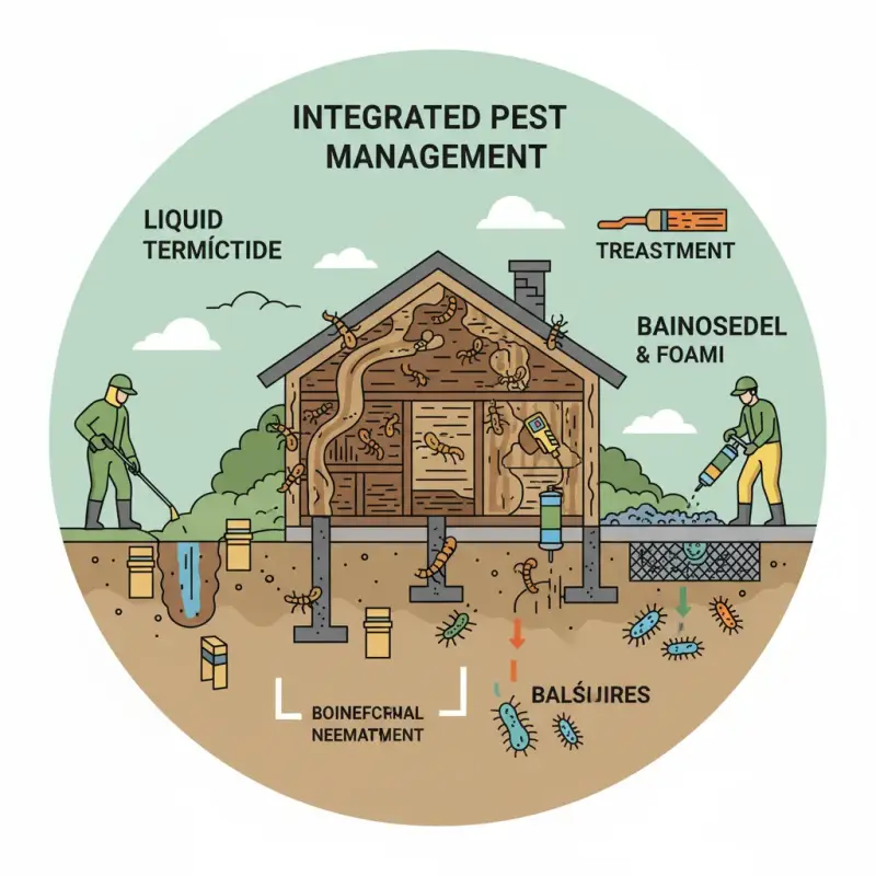 Termite treatment tools around house structure, illustrating methods.