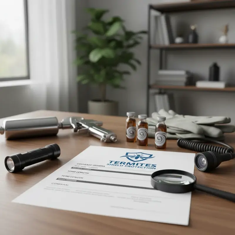 Warranty document with pest control tools on desk.