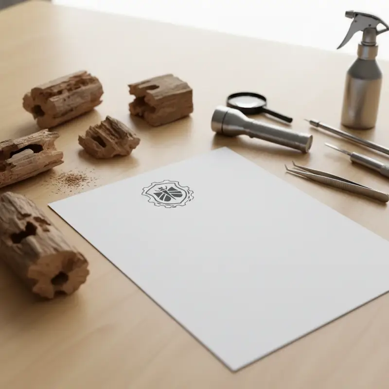 WDO report on table with wood samples and tools.