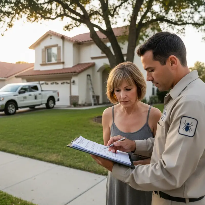 Contractor in uniform with homeowner reviewing document outside house for Pest control Tracy CA service.