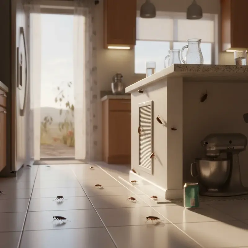 Cockroaches moving into a cool kitchen for refuge.