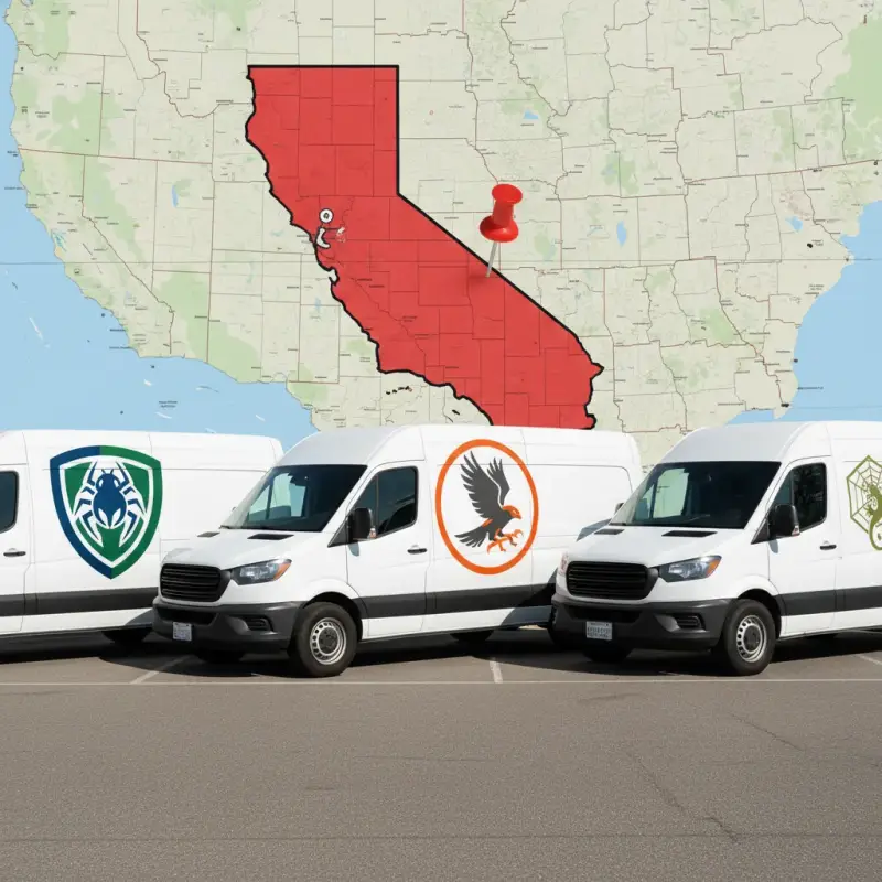 Three pest control company logos on vans, showing coverage gap for pest control Mountain House CA service.