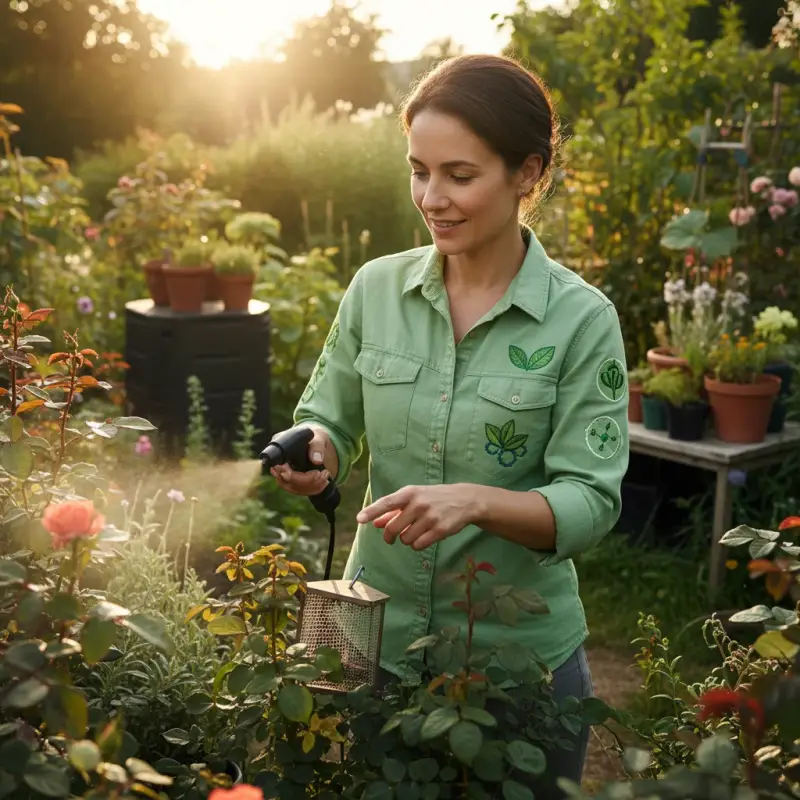 Eco-friendly pest control technician working in a garden setting.