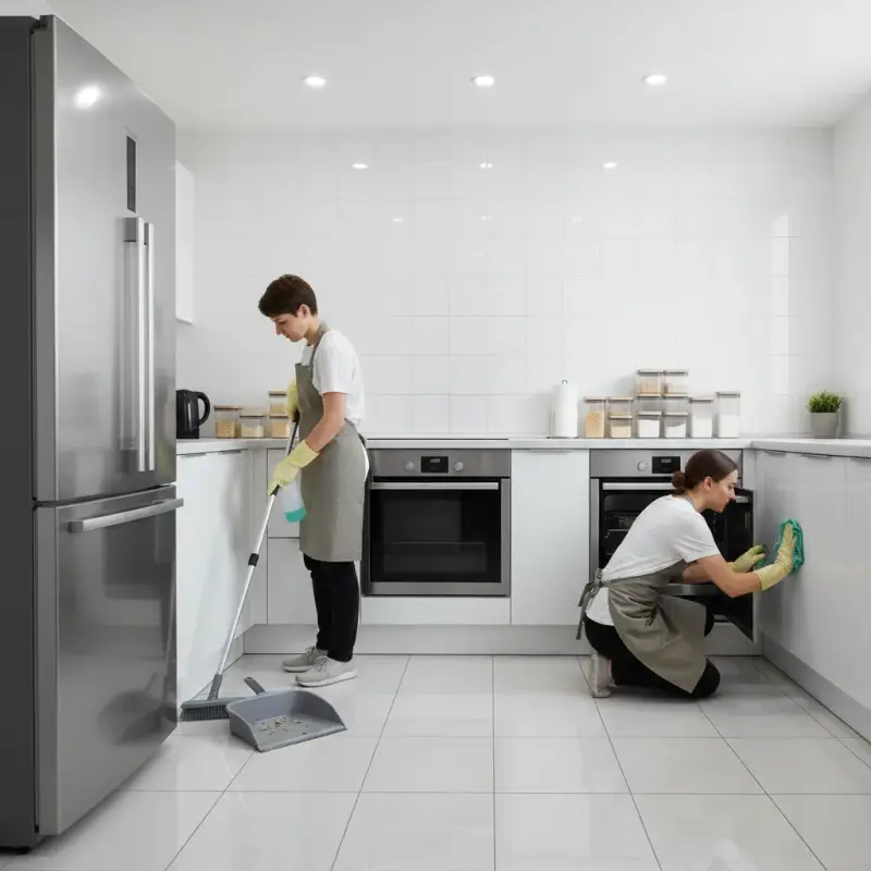 Person cleaning kitchen to prevent pests, focusing on appliance areas.