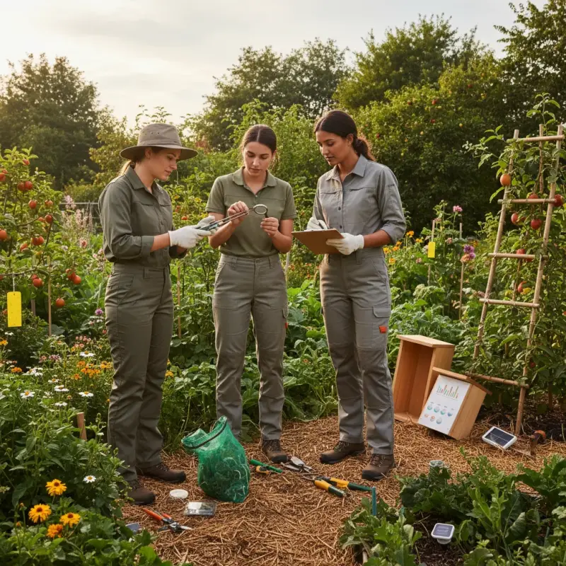 Pest management team inspecting garden with tools.