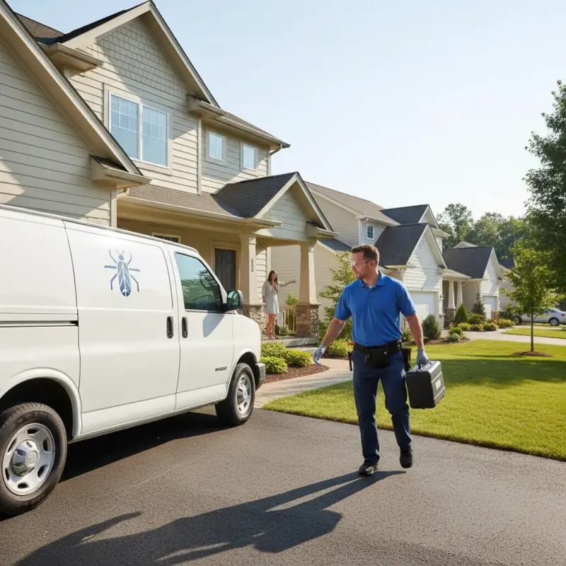 Local pest control technician arriving at a suburban home quickly.