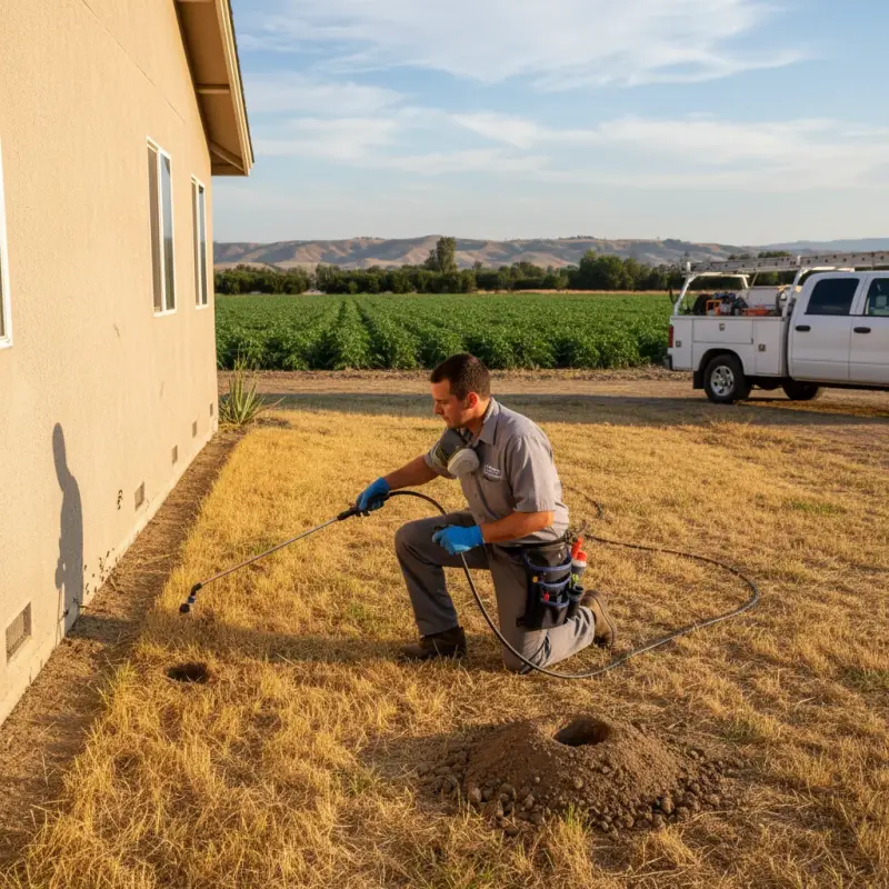 Technician treating pests in Tracy CA, with ants and gophers visible.