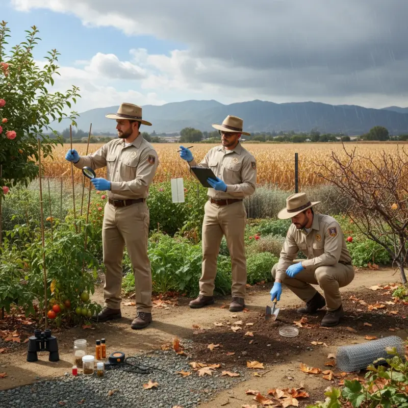 Pest management team inspecting a garden in Tracy, CA, with tools.