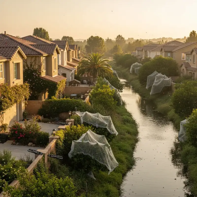 Mountain House street with greenery and waterway, indicating pest pressure.
