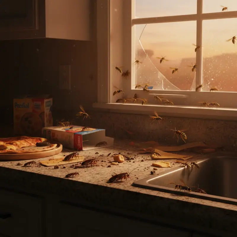 German cockroaches and wasps active in a kitchen.