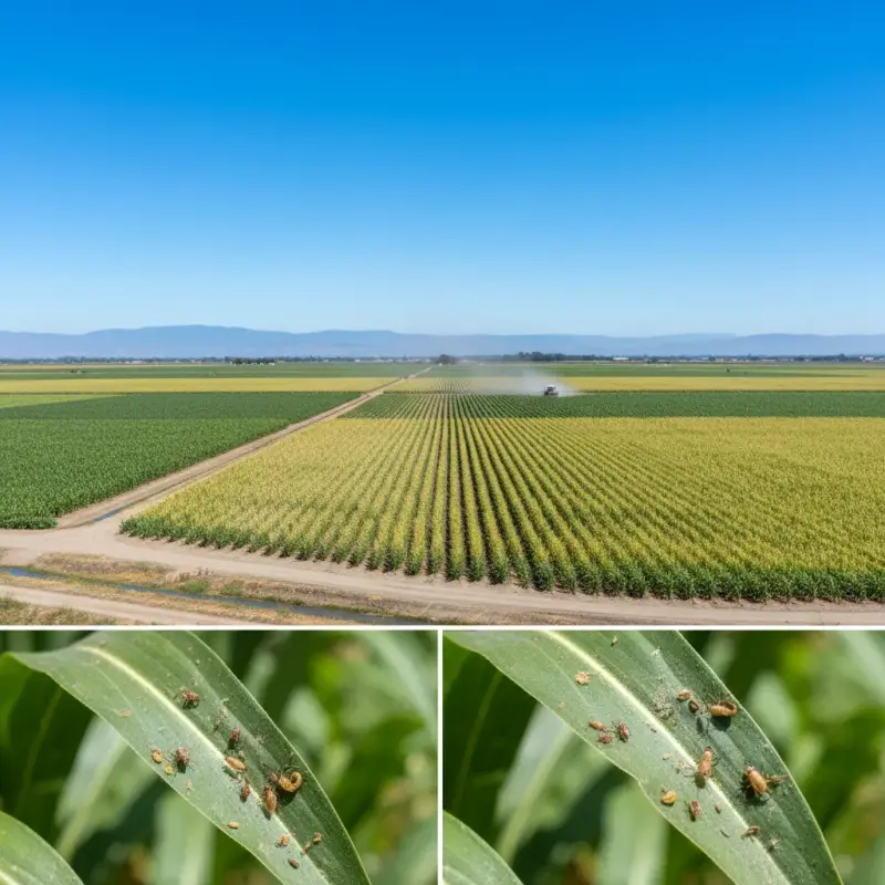 Tracy CA agricultural fields with resistant pests, clear sky, wide view.