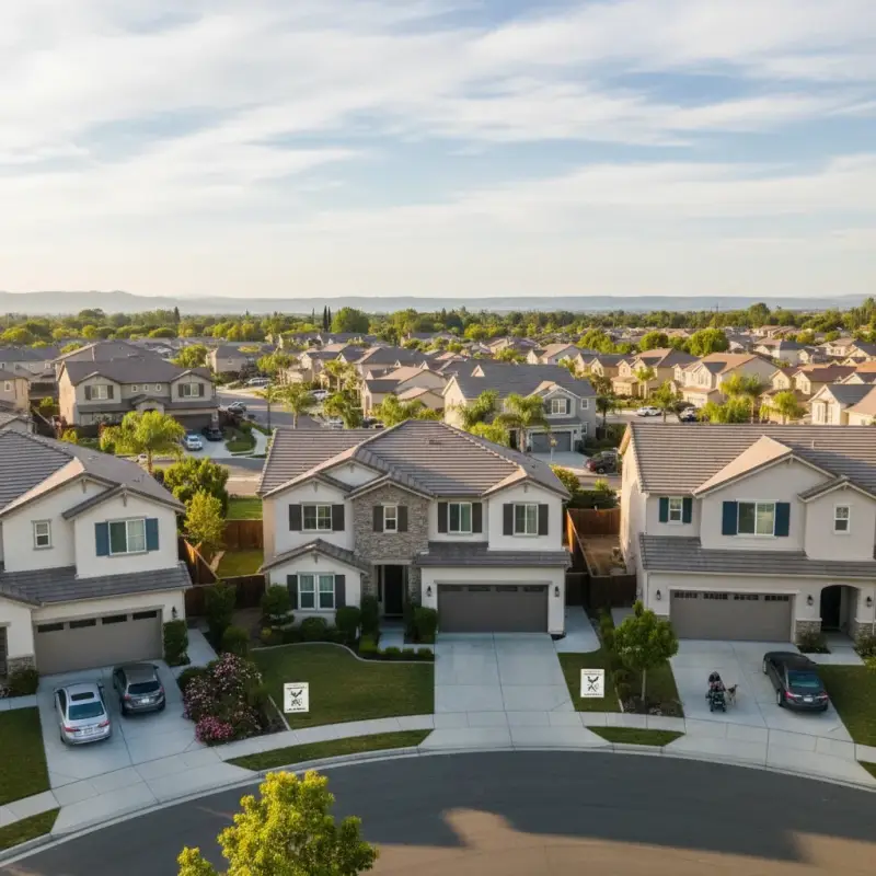 Tracy neighborhood with large homes showing pest control signs.